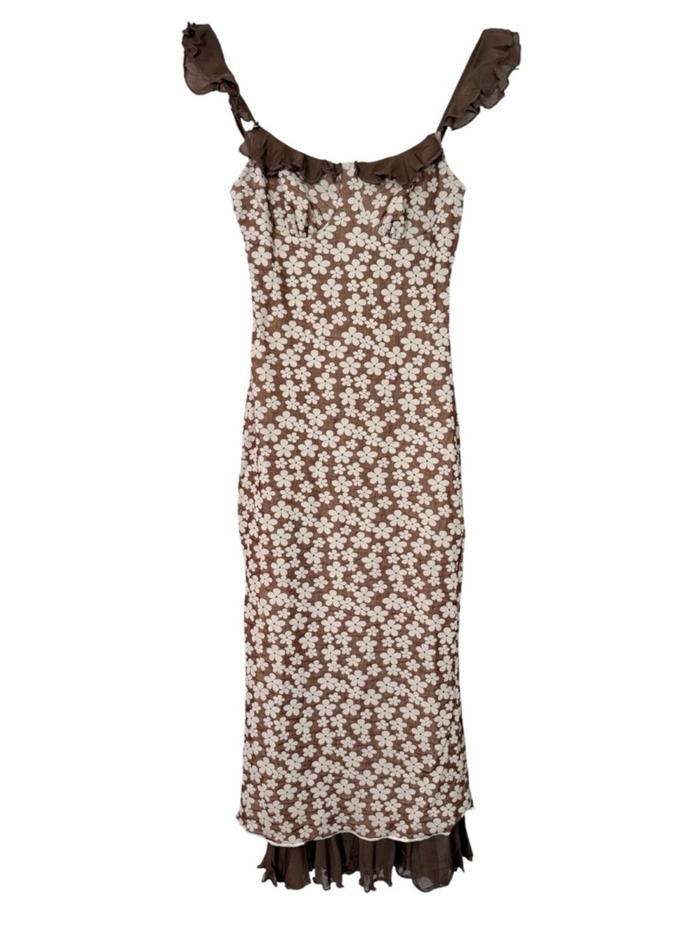 Commense Brown Daisy Floral Ruffle Midi Dress XS NWT